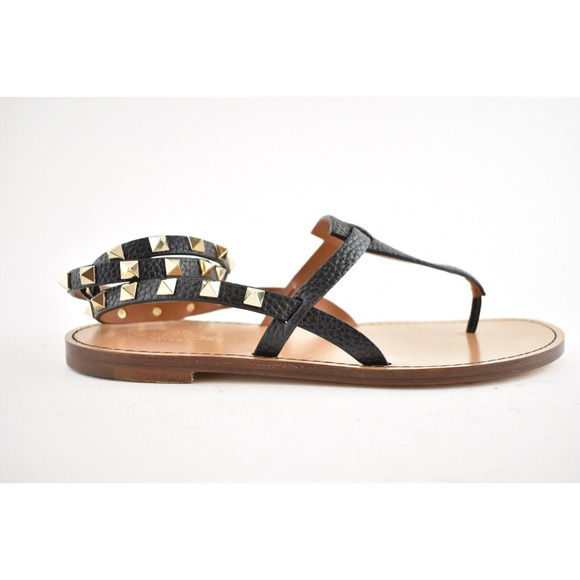 Valentino Rockstud Black Leather Thong Wrap Around Strap Flat Slide Sandal 36.5 - Picture 4 of 11